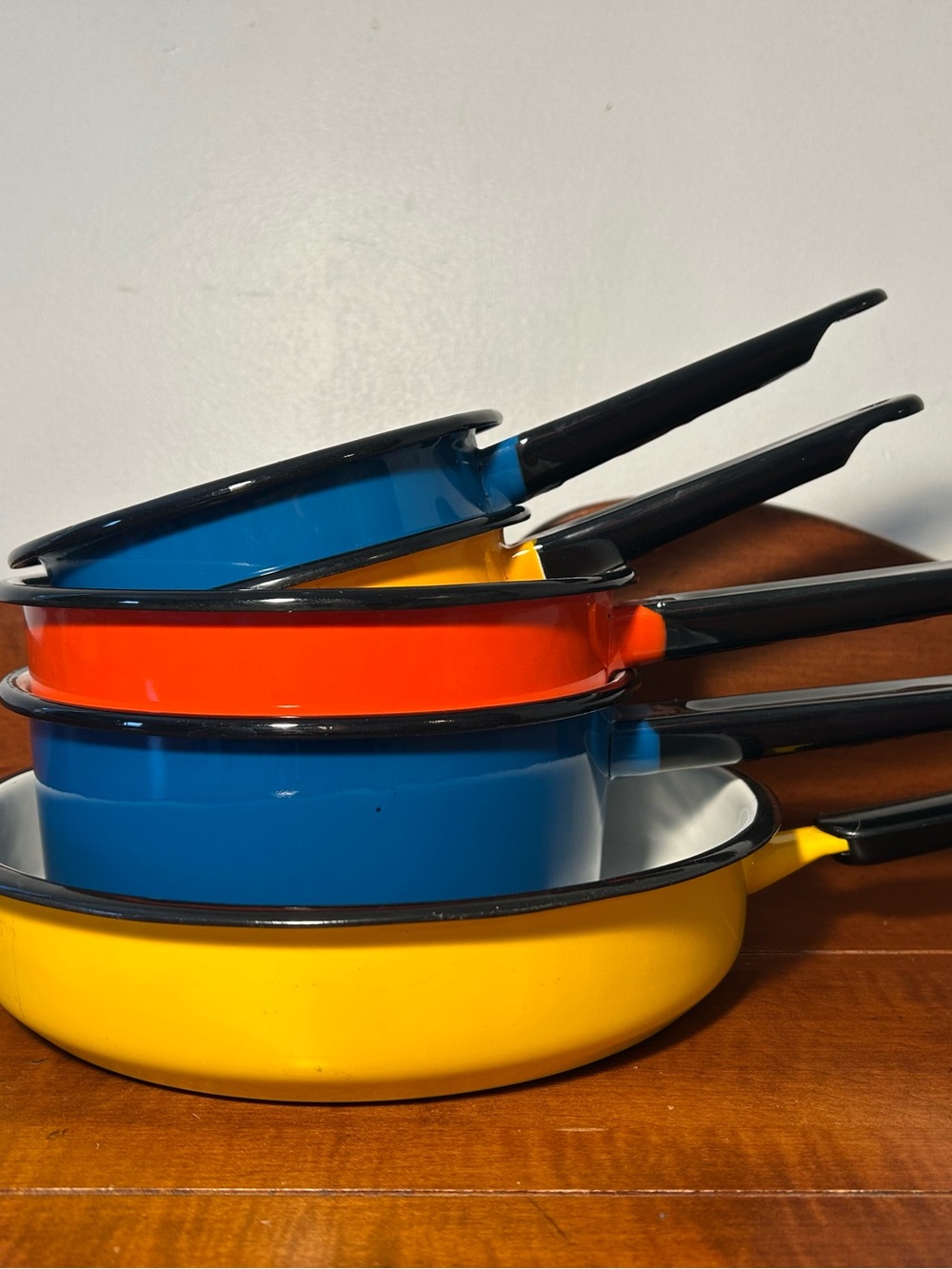 Set of 5 Colorful Vintage Enamel Pots, Pan